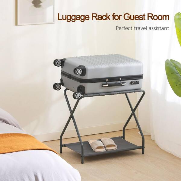 Numhew Gray Luggage Rack with Storage Shelf, Foldable Suitcase
