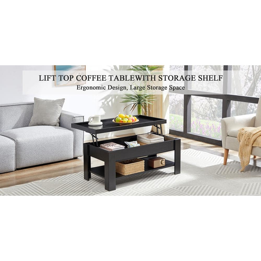Black Metal and Wood Lift-Top Rectangular Coffee Table