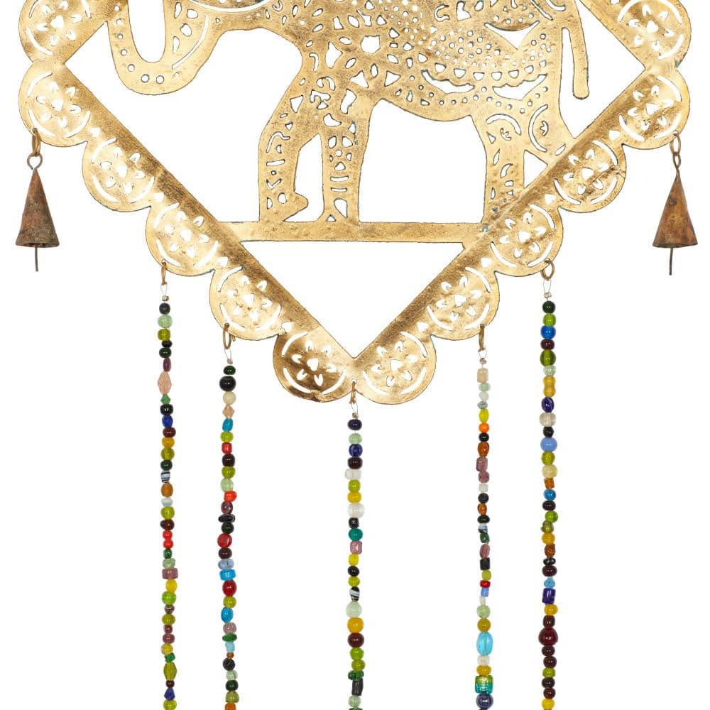 Gold Metal Elephant Windchime with Glass Beads and Bells