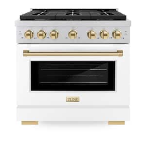 Autograph Edition 36 in. 6-Burner Freestanding Gas Range and Convection Oven in White Matte and Polished Gold