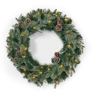 24 in. Green Battery Operated Pre-Lit Warm White LED Mixed Spruce Artificial Christmas Wreath with Pine Cones