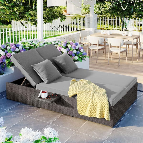 FASHION FINESSE LLC Gray Wicker Outdoor Patio Day Bed with Gray Cushions, Adjustable Backrest and Cup Table