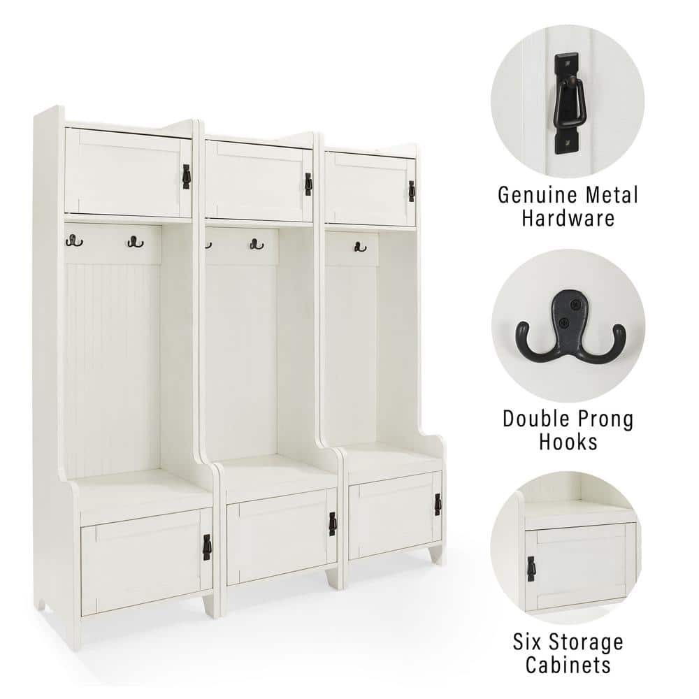 Distressed White Birch 3-Piece Hall Tree Coat Rack Bench