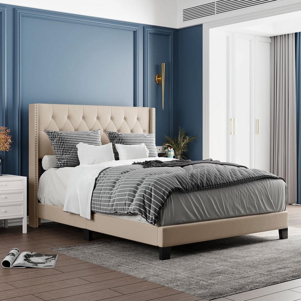 85 in. W Beige Queen Size Linen Wood Frame Platform Bed with Classic Headboard, Box Spring Needed -  GODEER, WF280786LXLAAA