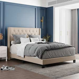 85 in. W Beige Queen Size Linen Wood Frame Platform Bed with Classic Headboard, Box Spring Needed