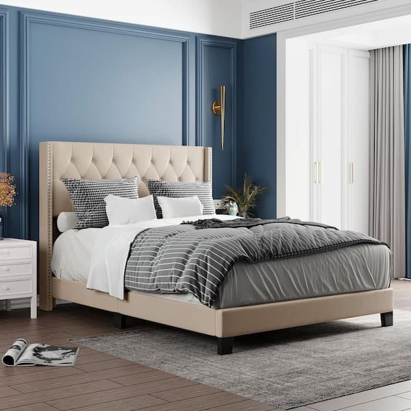 GODEER 85 in. W Beige Queen Size Linen Wood Frame Platform Bed with Classic Headboard, Box Spring Needed
