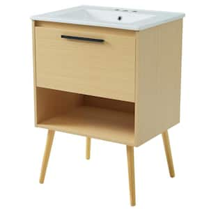 24 in. W Single Bowl Freestanding Natural Bath Vanity with White Porcelain Ceramic Top 3 Faucet Holes and Overflow