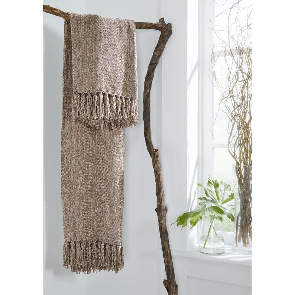 Tamish Taupe 60" x 50" Polyester Throw Blanket with Knotted Fringe