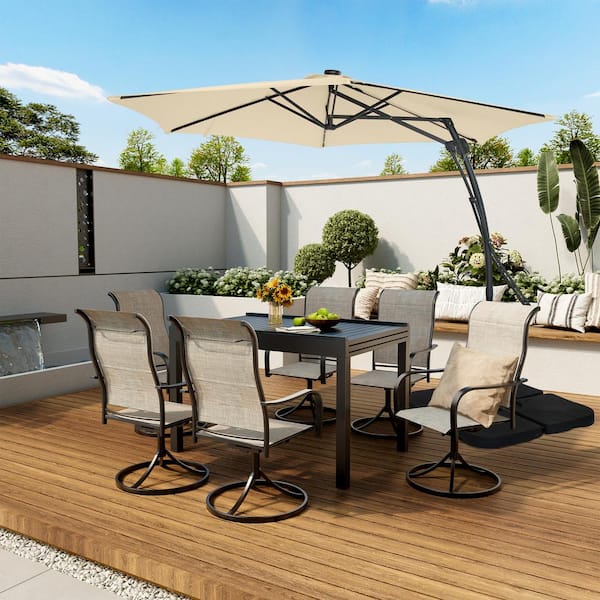 10 ft. Hexagon Steel Offset Patio Umbrella with Solar Light in Beige