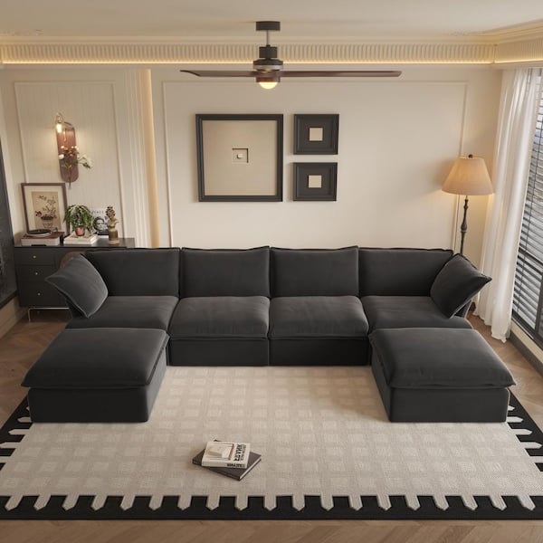 J&E Home 162.9 in. Flared Arm Linen U Shaped Oversized Down Sofa Couch with Storage Ottoman in Black