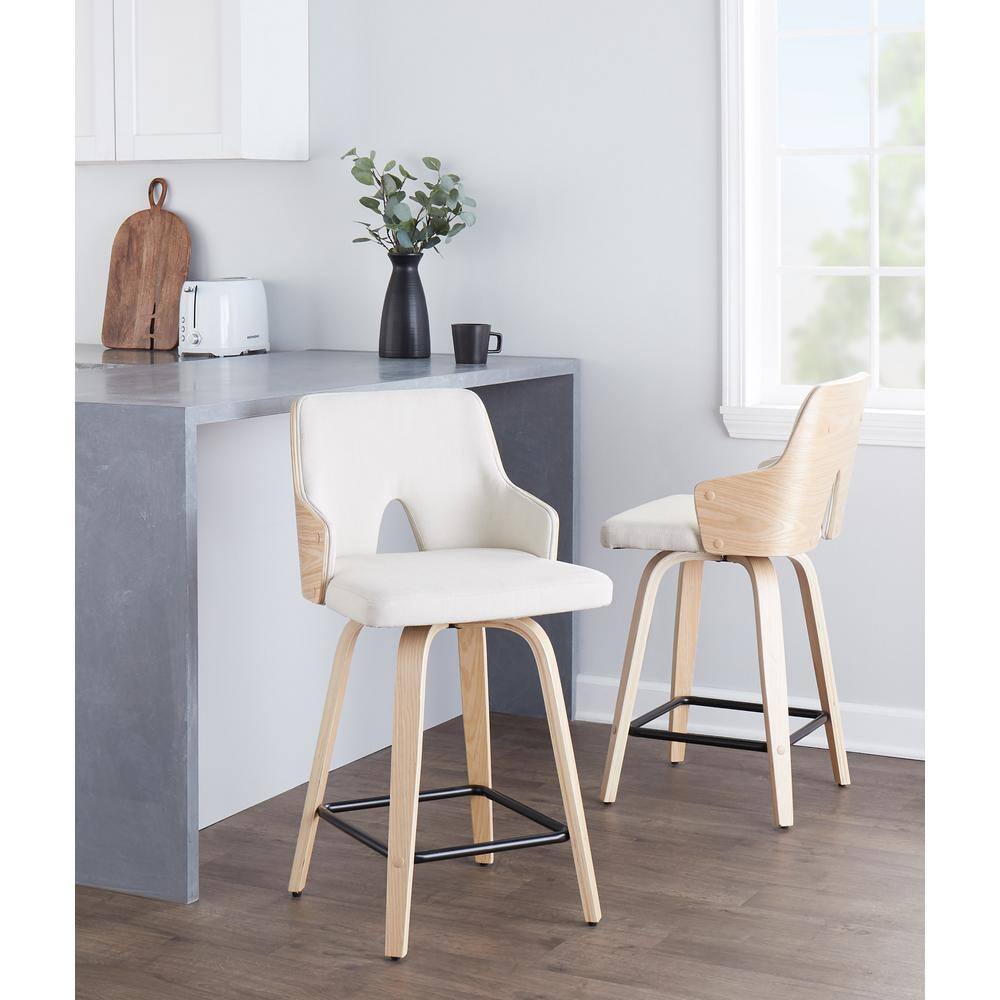 Cream Fabric and Natural Wood Swivel Counter Stools, Set of 2