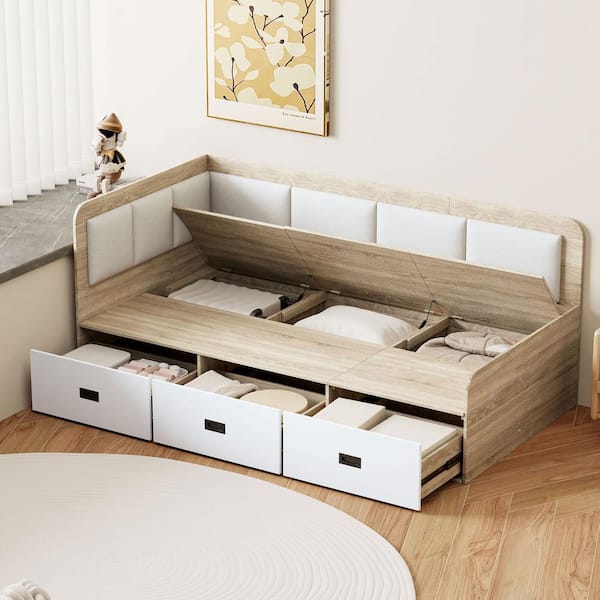 Harper & Bright Designs Nature and Beige Twin Size L Shaped Daybed with Comfortable Upholstered Backrest, 3-Drawers, 3-Storage Compartments