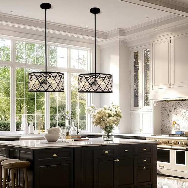 60-Watt 3-Light Black Metal Cylinder Pendant Light for Living Room and No Bulbs Included