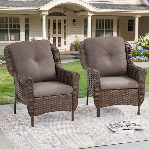 Chrysanthemum Armrest Series 2-Pack Outdoor Brown Wicker Outdoor Lounge Chair with CushionGuard Gray Cushions
