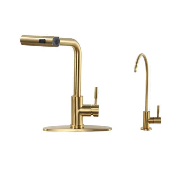 13.5 in. H Single Handle 360° Swivel Pull Out Sprayer Kitchen Faucet w/3-Spray Modes and Water Filter Faucet in Gold