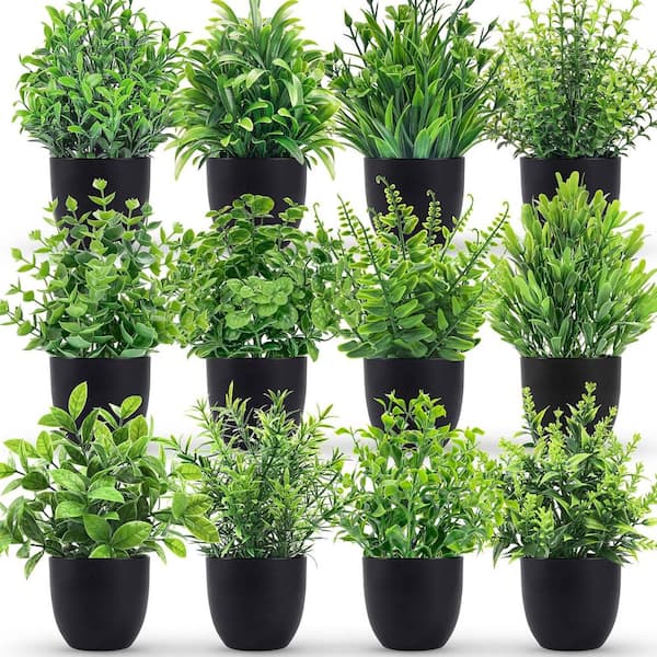 Cubilan 12 Pack Green Artificial Plants Small Faux Plants in Black Pot