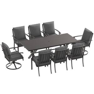 9-Piece Metal Patio Outdoor Dining Set with 2 Swivel Chairs, 6 Chairs, Large Table, Umbrella Hole and Grey Cushions