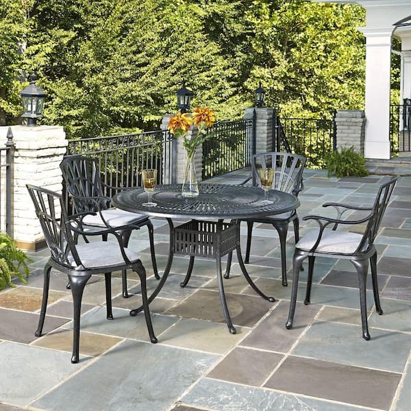 HOMESTYLES Largo 48 in. Cast Aluminum Outdoor 5-Piece Patio Dining Set with Gray Cushions