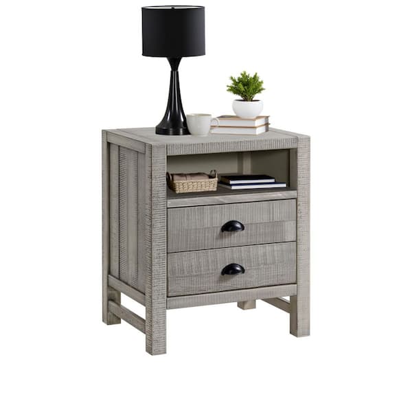 Alaterre Furniture Windsor 2-Drawer Wood Nightstand with Open Shelf, Rustic Driftwood Gray Bedside Table with Metal Glides for Kids Bedroom