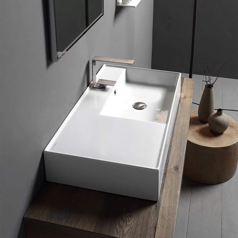 Scarabeo 32'' White Ceramic Wall-Mount Bathroom Sink with Overflow