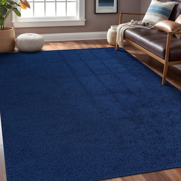 Silky 4 ft. x 6 ft. Navy Solid Plus Thick Pile Non Slip Easy Clean Non Shedding Modern Indoor Area Rug
