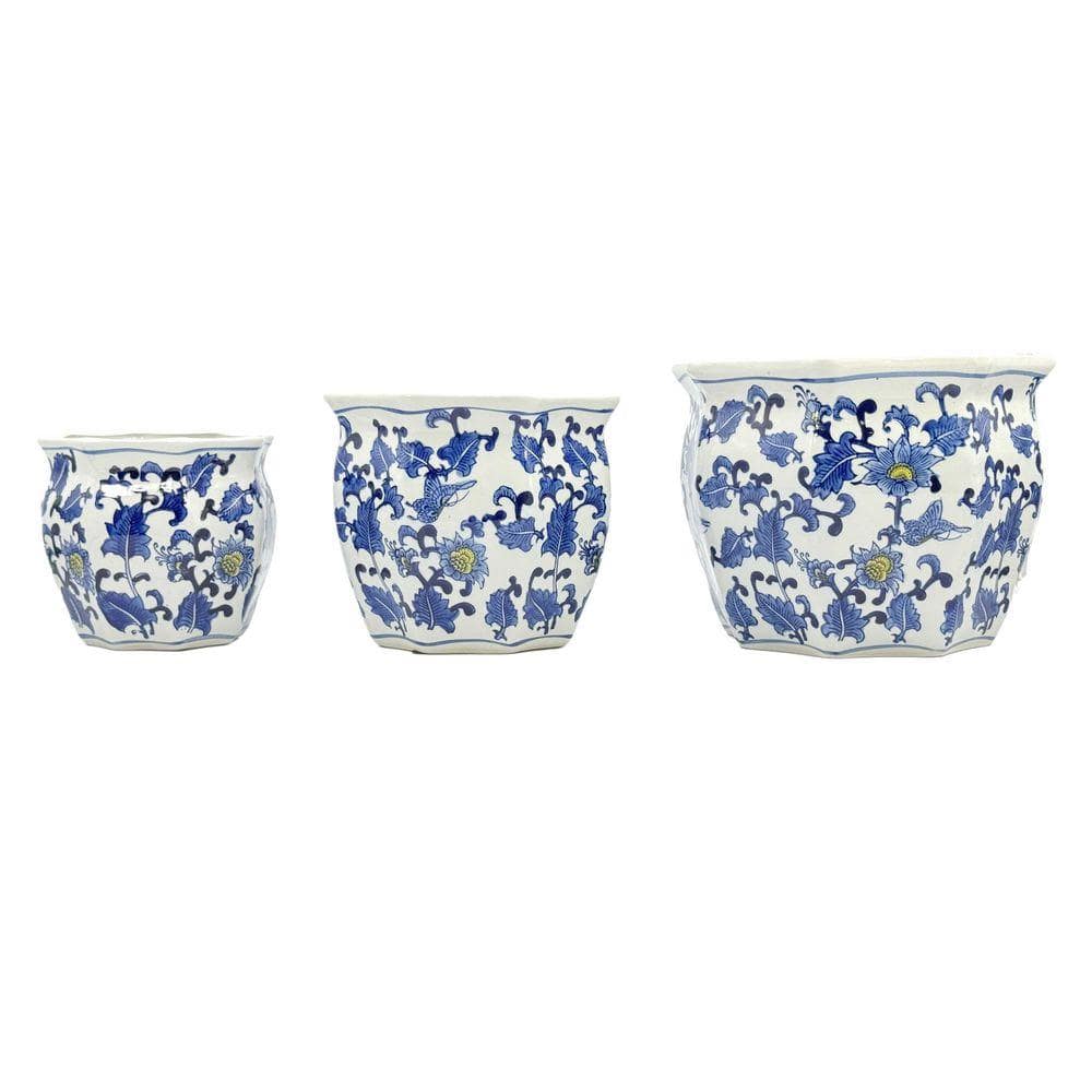 Set of 3-7.5 in. / 10 in. / 13 in. Blue and White plus Yellow Crane Ceramic Chinoiserie Planter Pot Set price history on PriceWatchPro