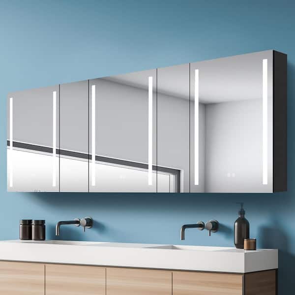 80 in. W x 30 in. H Rectangular Black Aluminum Anti-Fog 3-Color Dimmable Lighted Bathroom Medicine Cabinet with Mirror