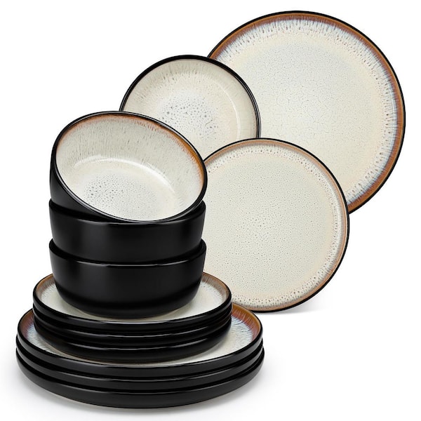Series Amber 12-Piece Yellow and Black Stoneware Dinnerware Set Service for 4 Bowls and Plates Dining Set Tableware