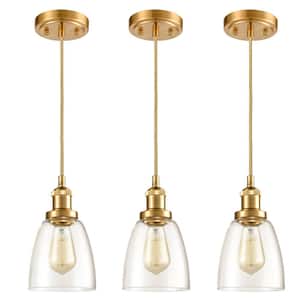 60 Watt 3 Light Gold Finished Shaded Pendant Light with Clear glass Glass Shade and No Bulbs Included