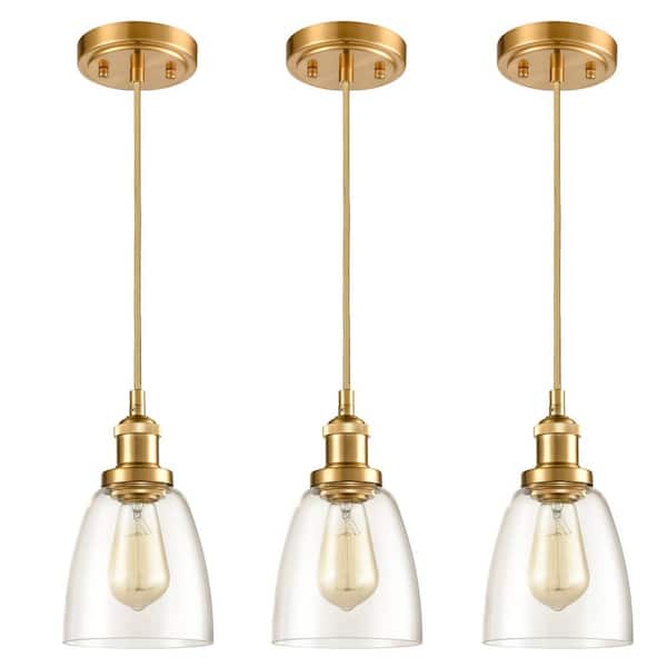 CLAXY 60 Watt 3 Light Gold Finished Shaded Pendant Light with Clear glass Glass Shade and No Bulbs Included