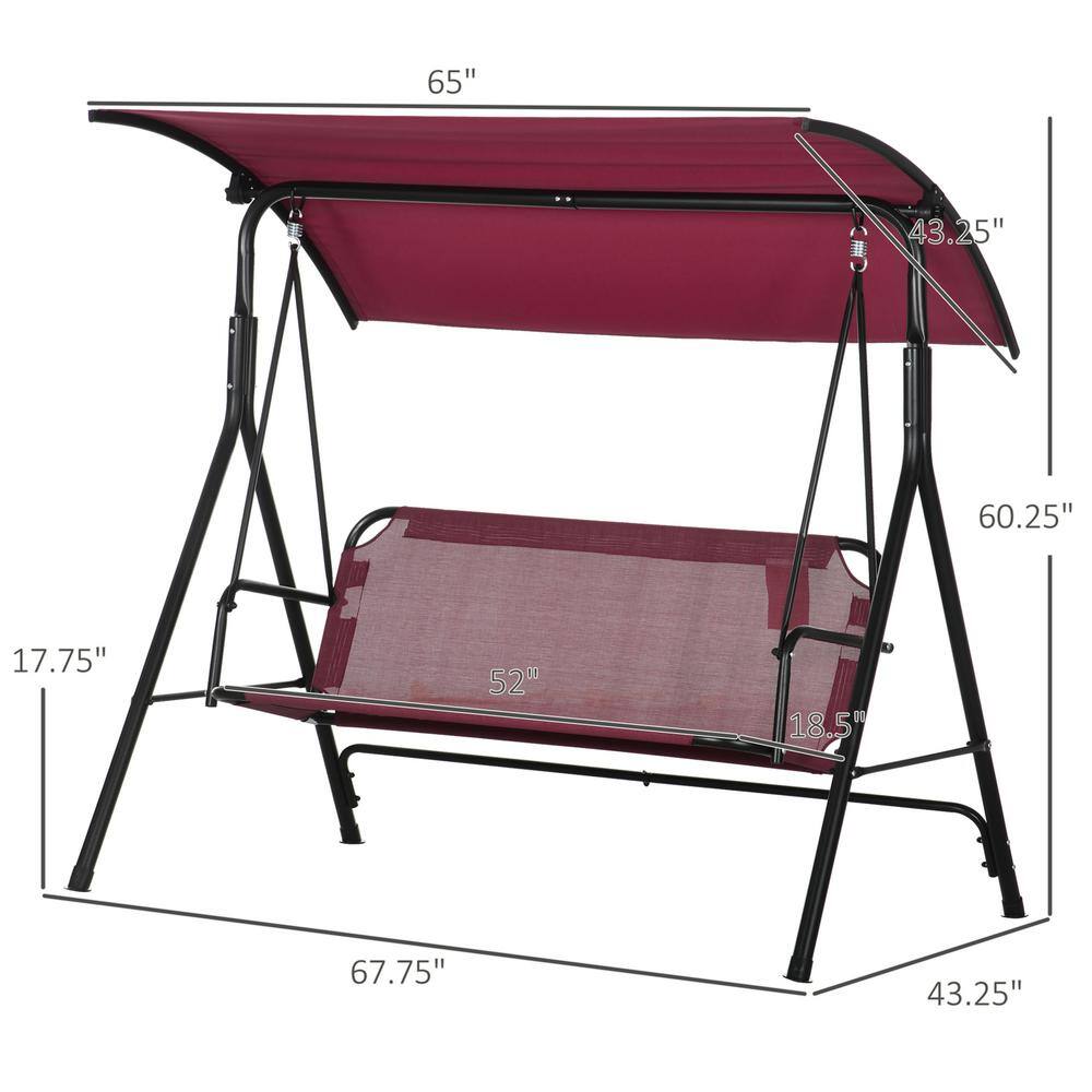 Wine Red Steel Frame 3-Person Patio Swing with Adjustable Canopy