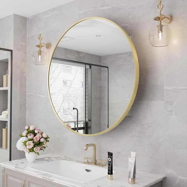28 in. W x 28 in. H Round Gold Aluminum Alloy Metal Frame Medicine Cabinet with Mirror