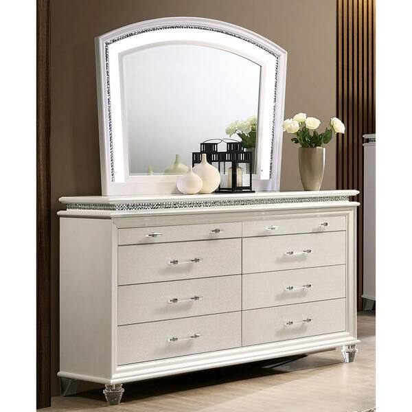 Furniture of America Litzler Pearl White 8-Drawer 63.63 in. Dresser with Mirror