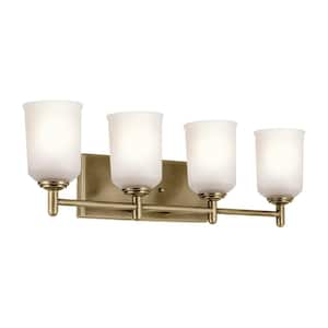 Shailene 29.75 in. 4-Light Natural Brass Traditional Bathroom Vanity Light with Satin Etched Glass