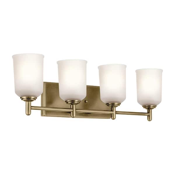 KICHLER Shailene 29.75 in. 4-Light Natural Brass Traditional Bathroom Vanity Light with Satin Etched Glass
