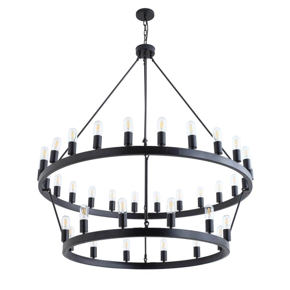 47.2 in. 36-Light Farmhouse Black 2-Tier Wagon Wheel Candle Chandelier Roun