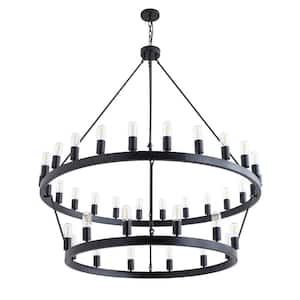 47.2 in. 36-Light Farmhouse Black 2-Tier Wagon Wheel Candle Chandelier Round Industrial Pendant Lighting
