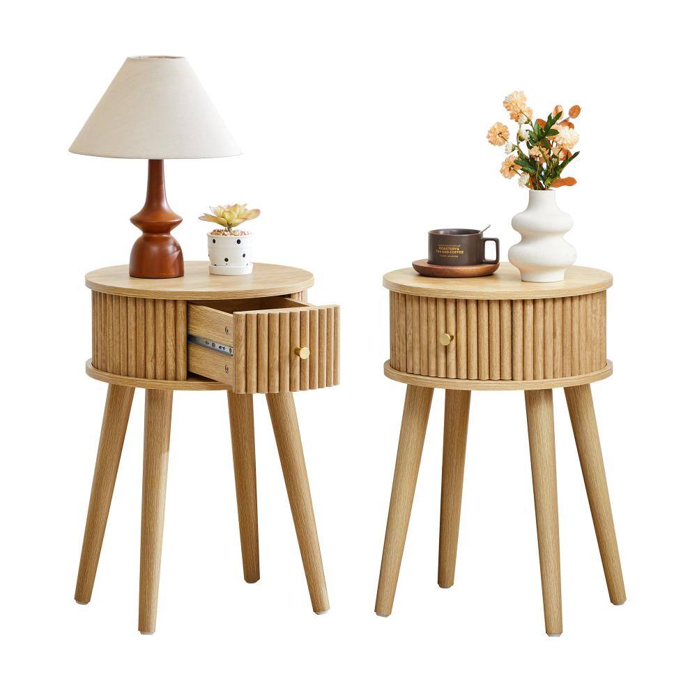 Natural Set of two Round Fluted Nightstand with Sliding Storage Drawer, Mid-Century Side End Table price history on PriceWatchPro