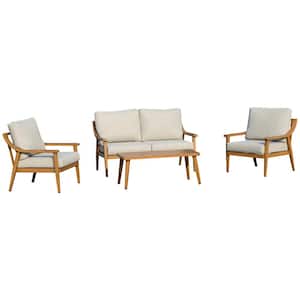 4-Piece Patio Furniture Set Metal Garden Conversation Sofa Set with Coffee Table and Soft Cushions, Khaki