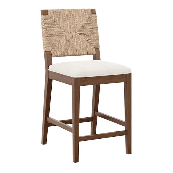 Nathan James Beacon 24 in. Bohemian Dark Brown Wood Counter Height Bar Stool with Woven Back and Boucle Upholstered Seat, Set of 2