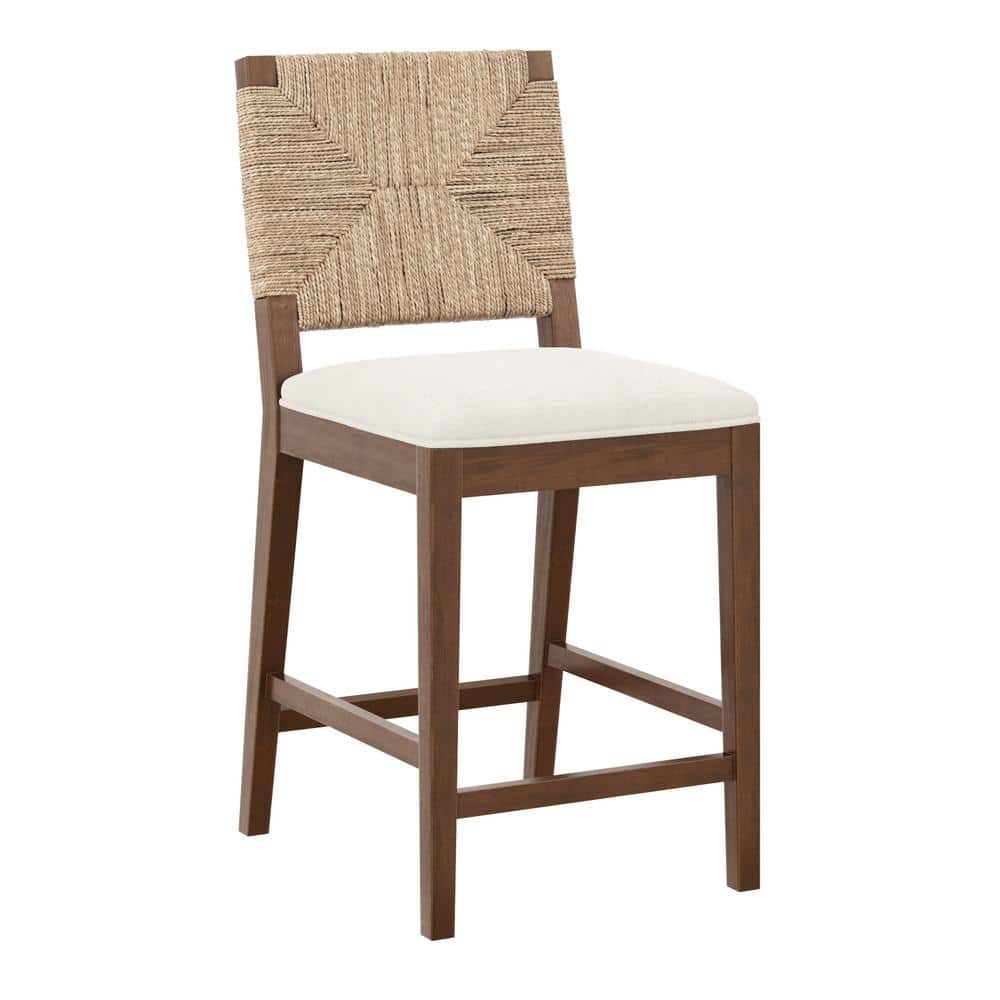 Cream Boucle and Seagrass Dark Brown Wood Bar Stool
