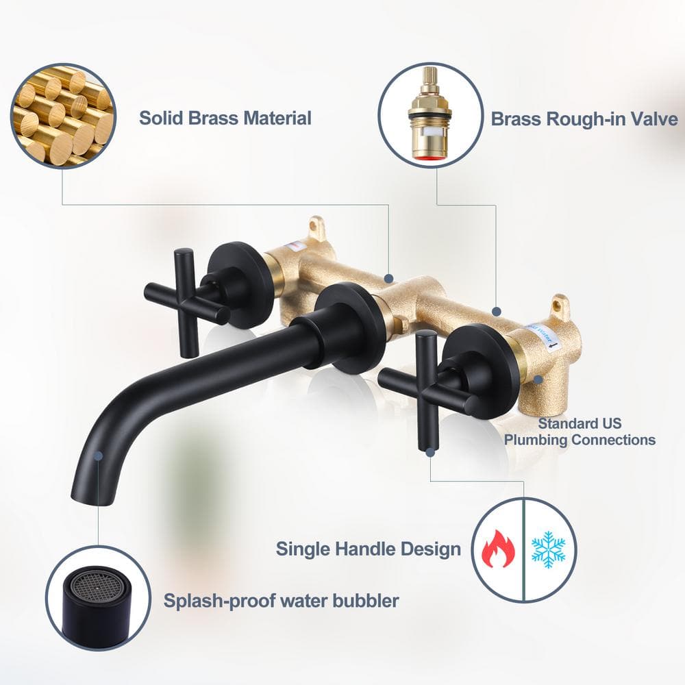 Matte Black Wall Mounted Double Handle Bathroom Faucet