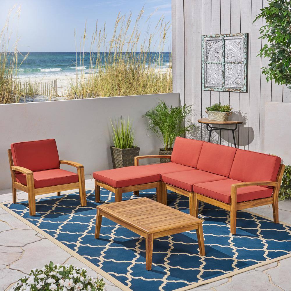 Teak Brown 6-Piece Outdoor Sectional Sofa Set with Red Cushions