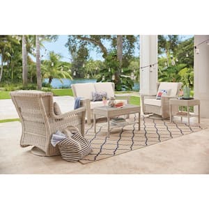 Park Meadows Off-White Wicker Outdoor Patio Loveseat with CushionGuard Almond Tan Cushions