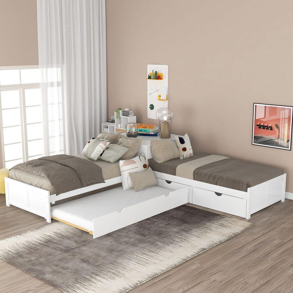 Sandra White Wood Frame Twin Size L-Shaped Platform Bed with Trundle, Drawers, Desk price history on PriceWatchPro