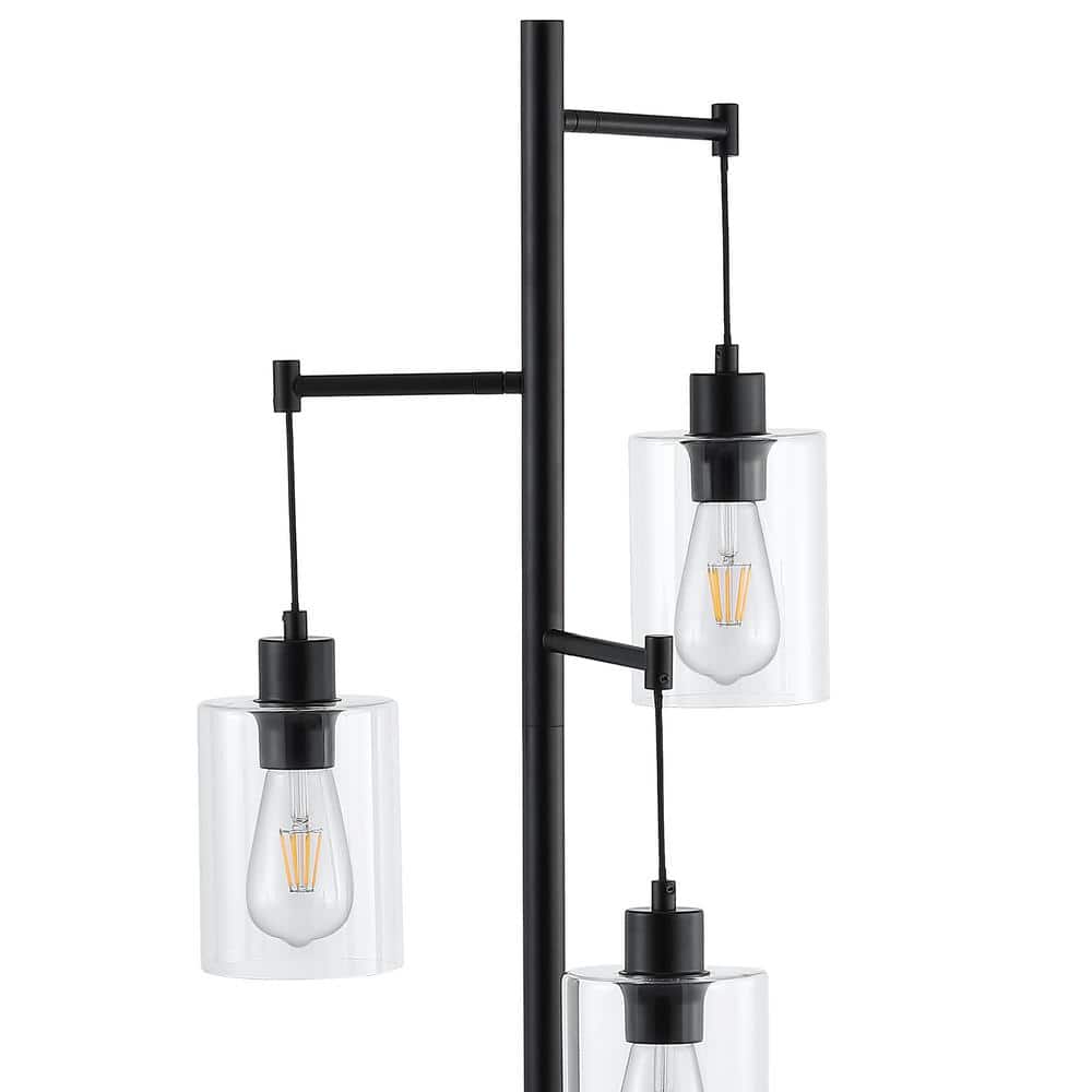 Industrial 69" Matte Black 3-Light Tree Floor Lamp with Glass Shades