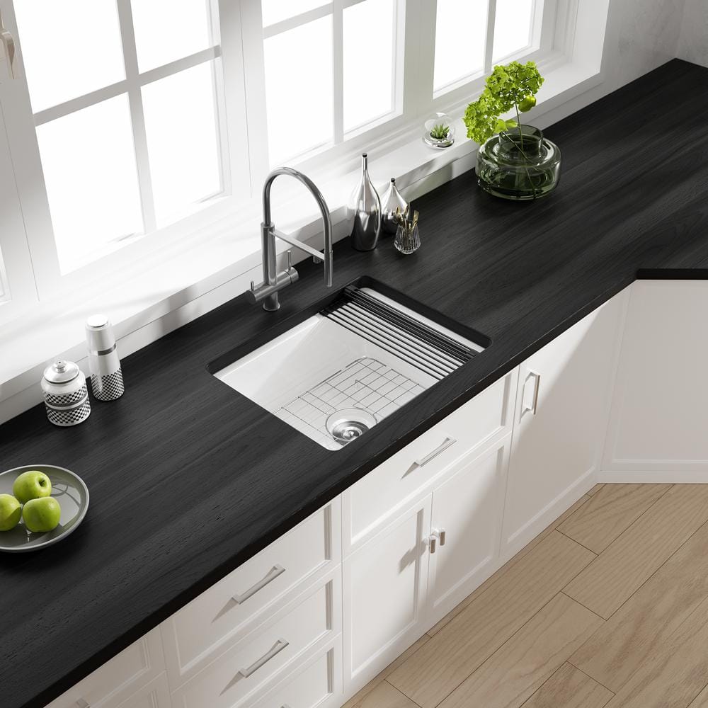Oslo White Fireclay Single Bowl Undermount Kitchen Sink with Accessories