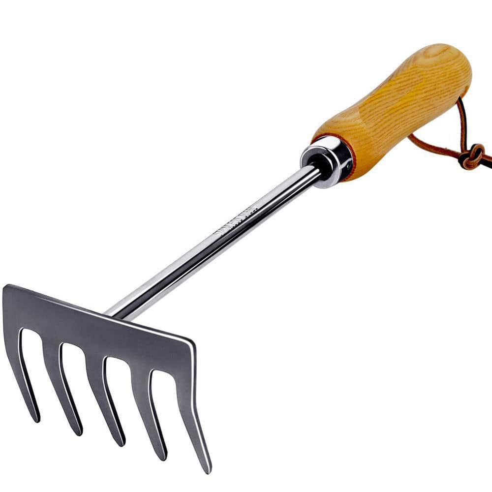 Hand Tiller Rake 5 Jaw Tiller Tool, 5 in. Wooden Handle Stainless Steel Rus