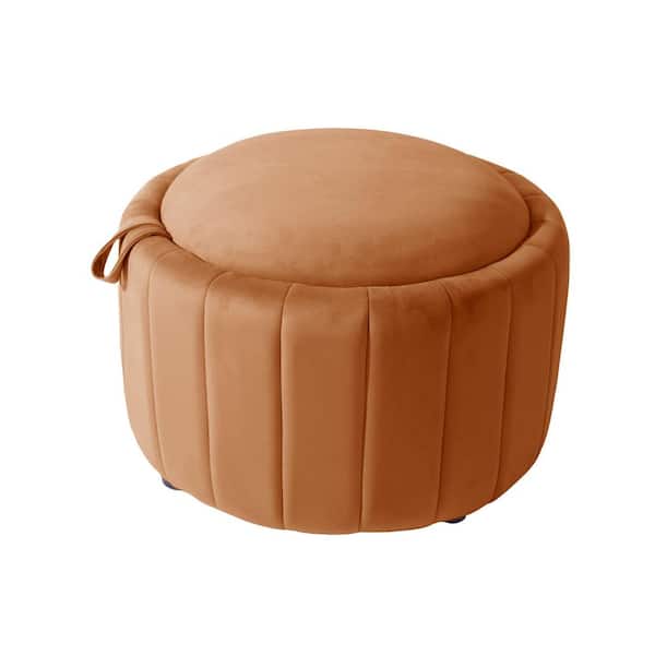 Uixe Modern Orange Velvet Round Accent Storage Ottoman (Set-1)