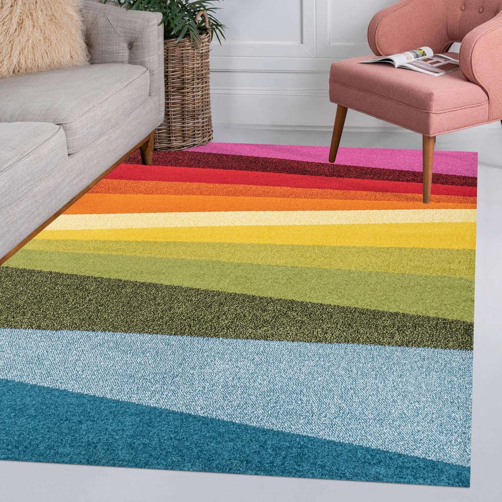 Colorful Geometric Striped Blue Synthetic Kids' 4' x 6' Rug